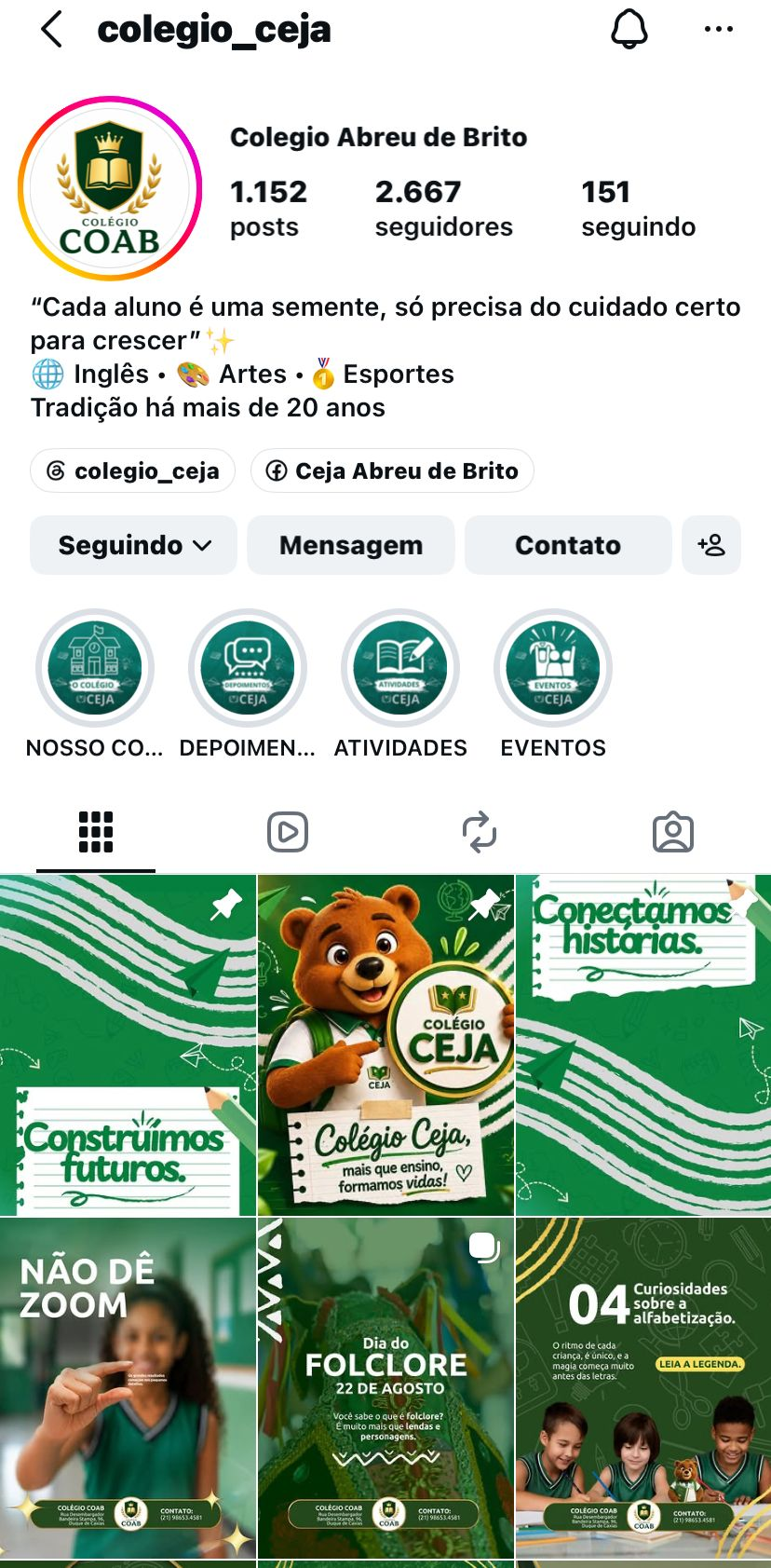 Colégio CEJA — escola infantil com crianças em uniforme verde e amarelo